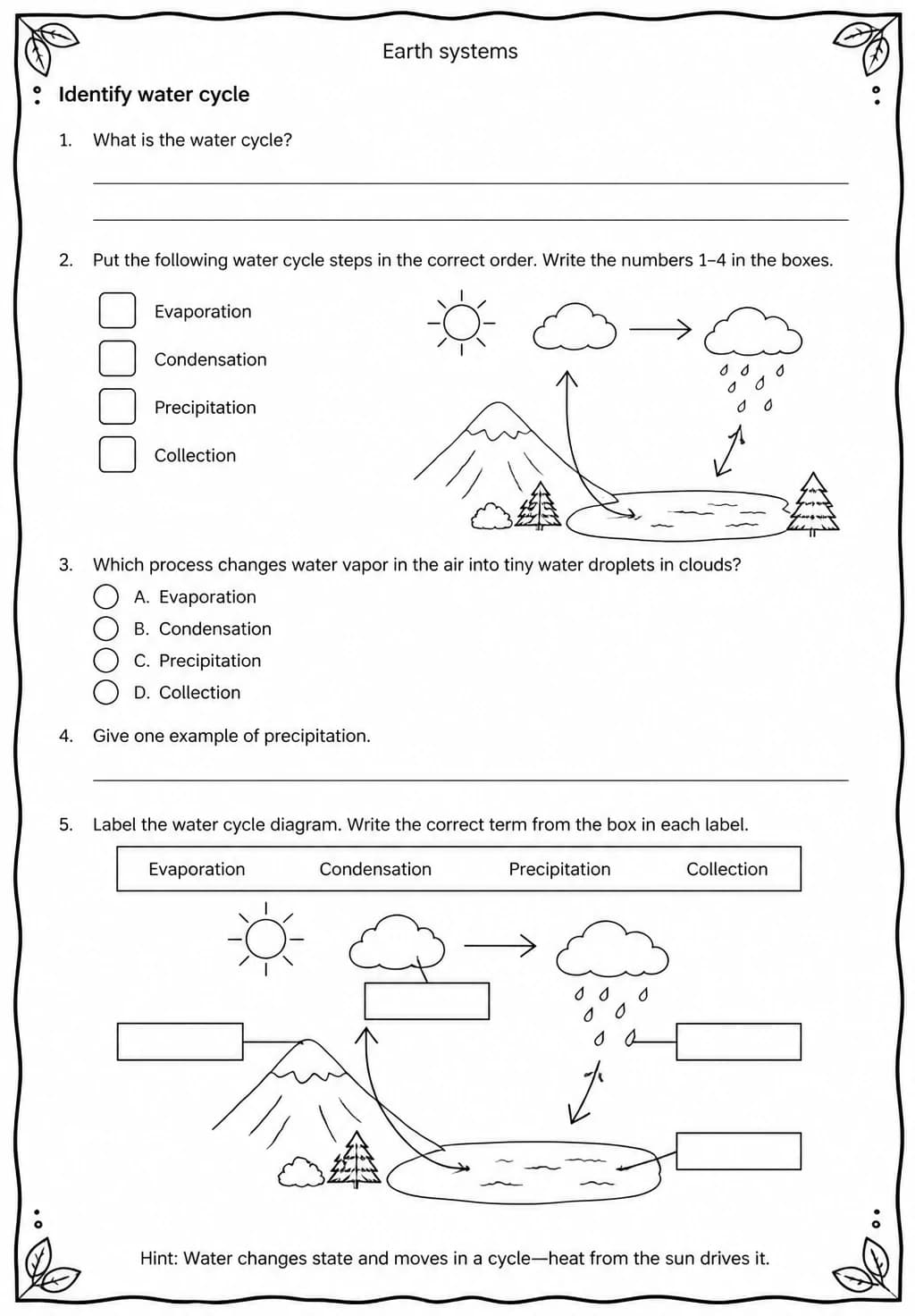 Identify water cycle — free printable Middle School Science worksheet