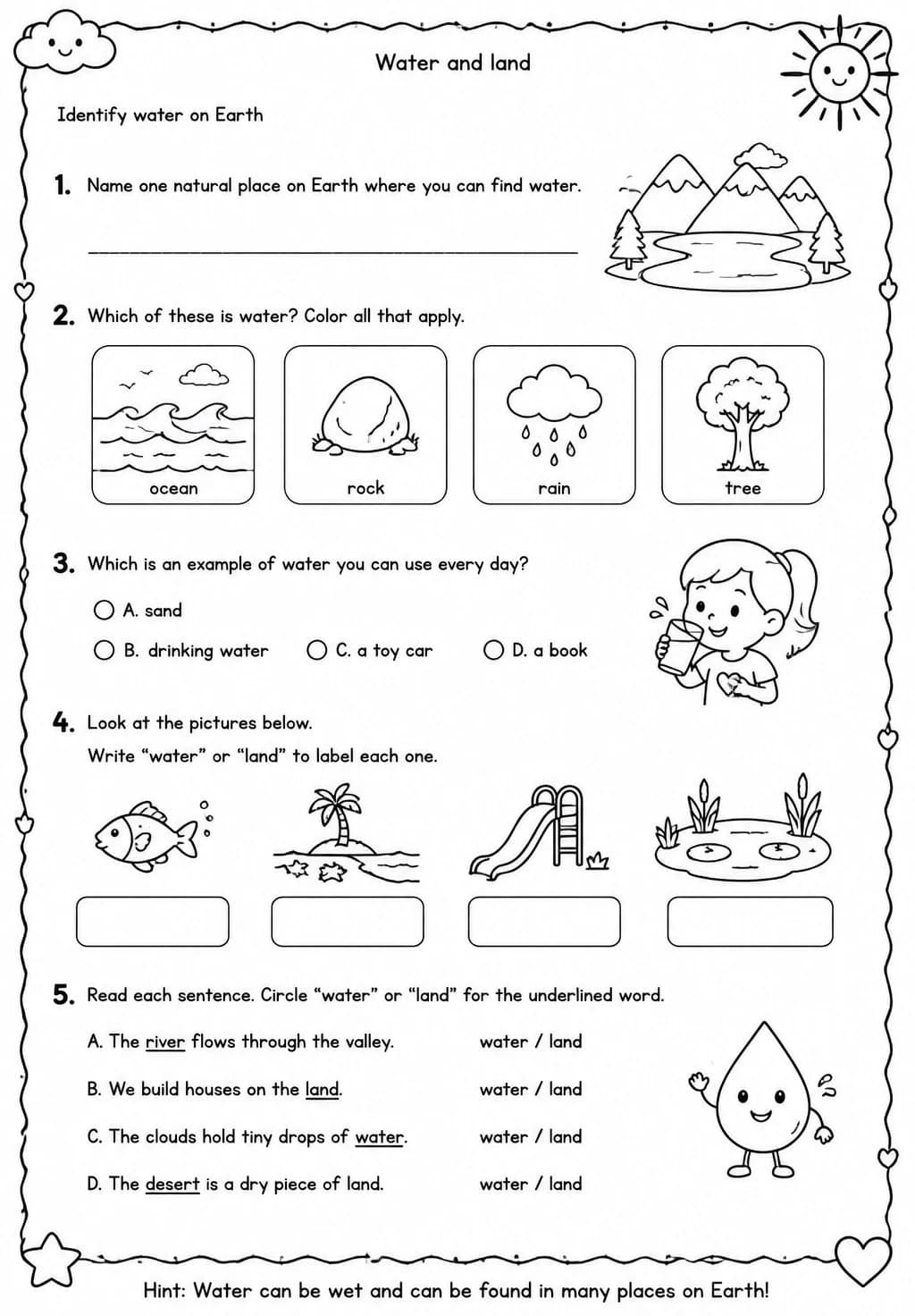 Identify water on Earth — free printable Grade 2 Science worksheet