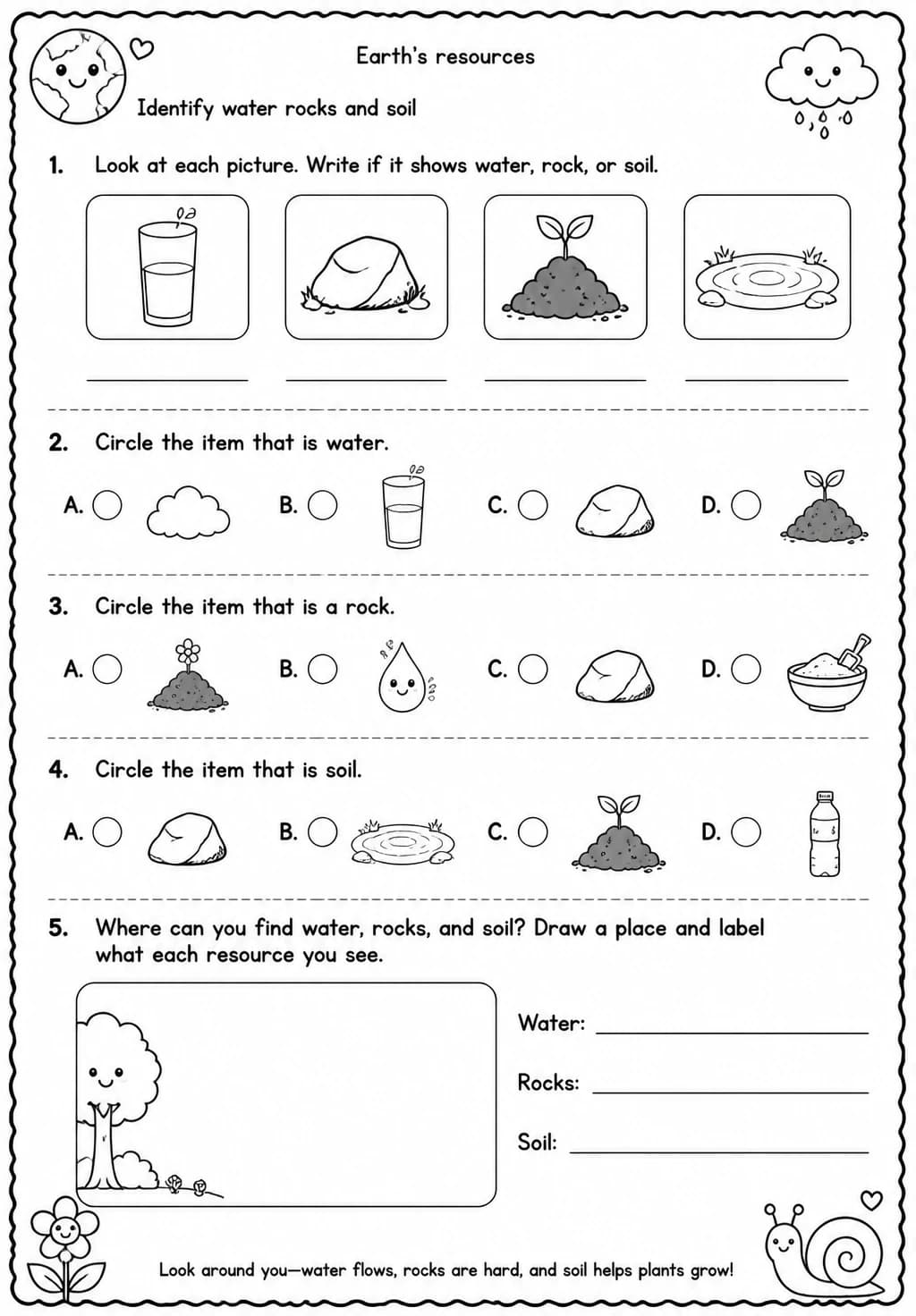 Identify water rocks and soil