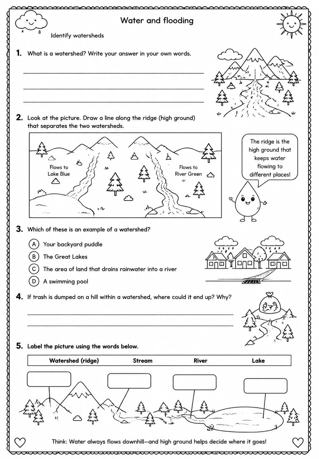 Identify watersheds — free printable Grade 4 Science worksheet
