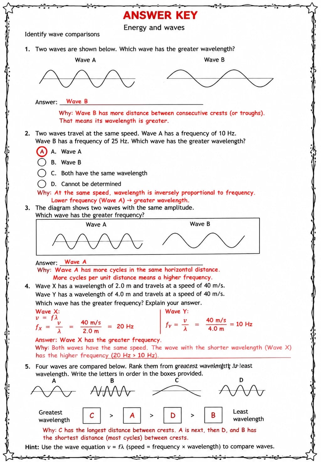 Answer key for Identify wave comparisons — free printable Science worksheet
