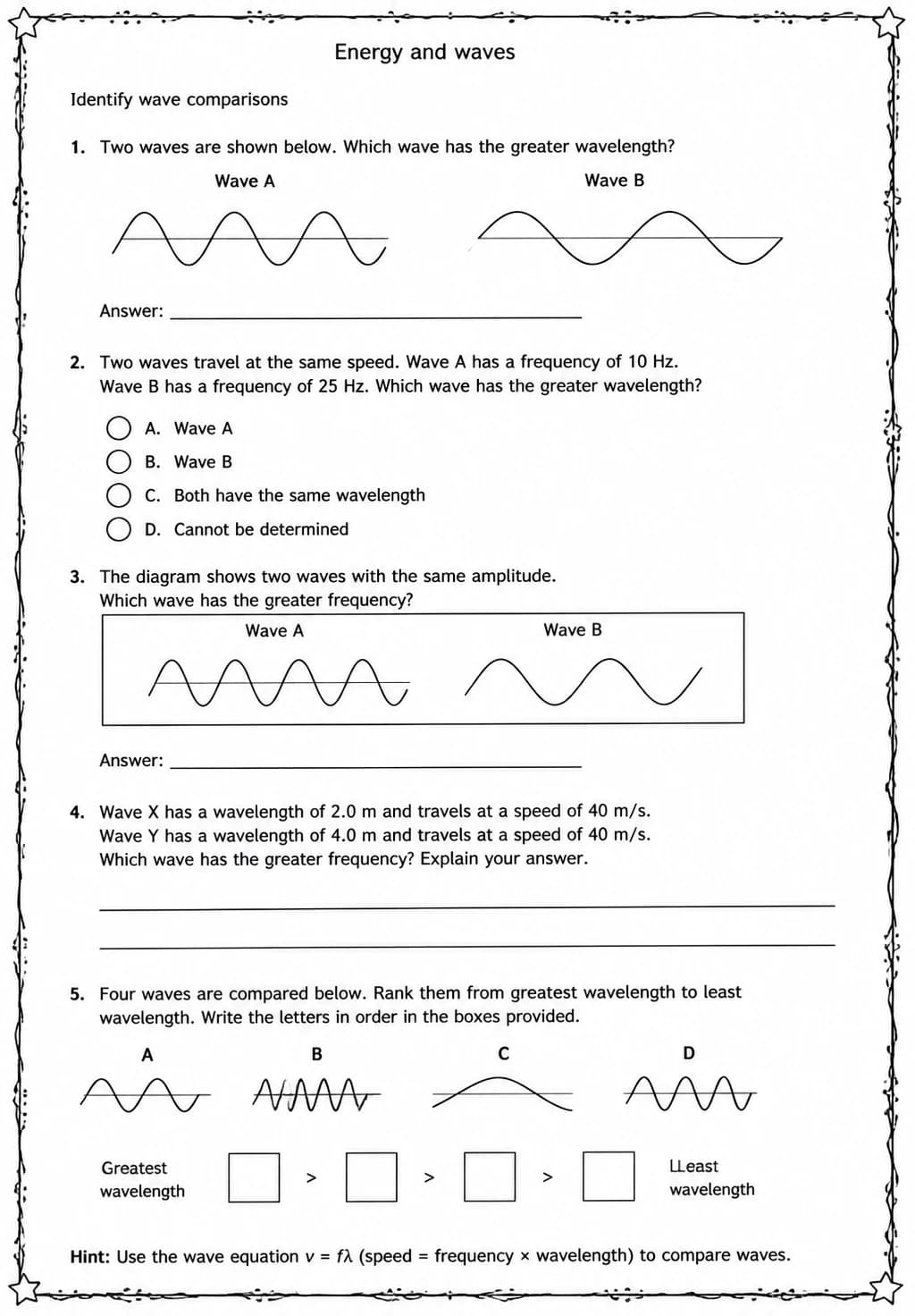 Identify wave comparisons — free printable Middle School Science worksheet