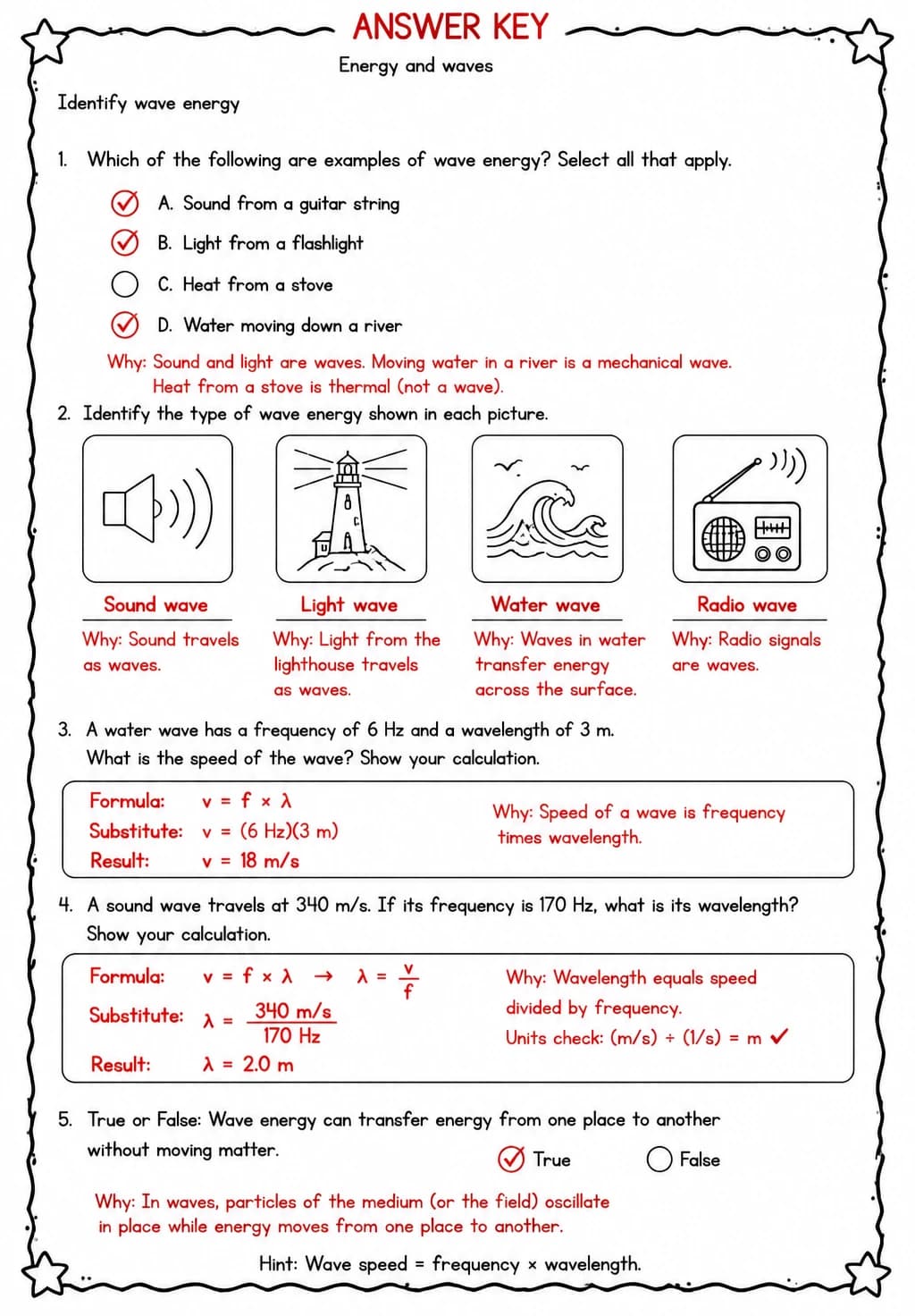 Answer key for Identify wave energy — free printable Science worksheet