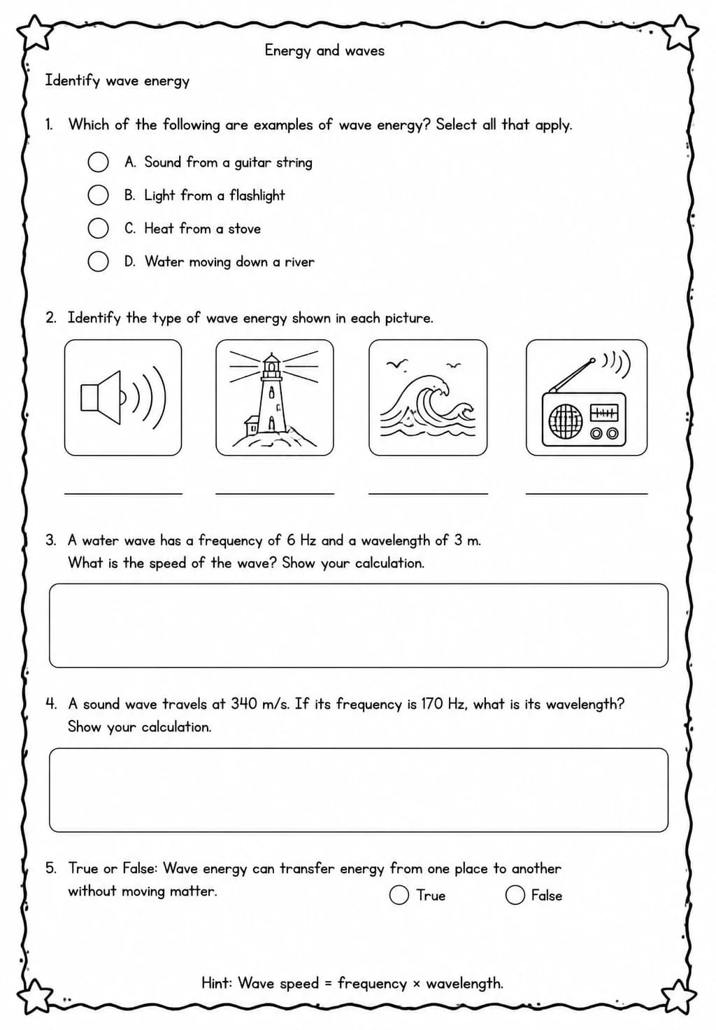 Identify wave energy — free printable Middle School Science worksheet