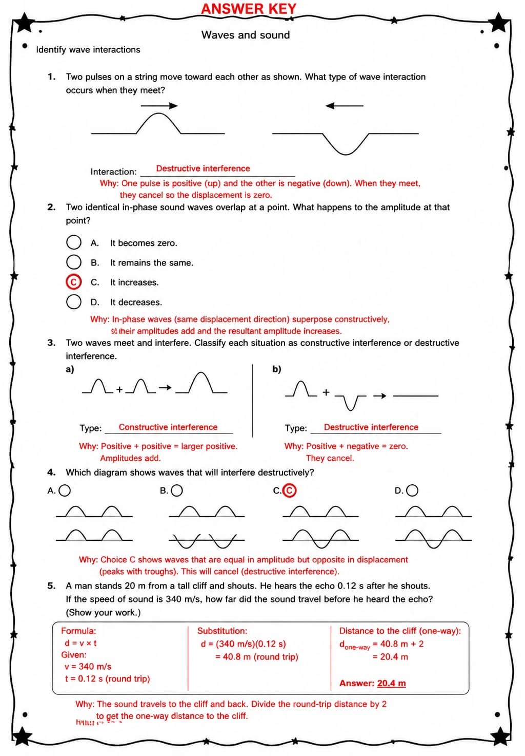 Answer key for Identify wave interactions — free printable Science worksheet