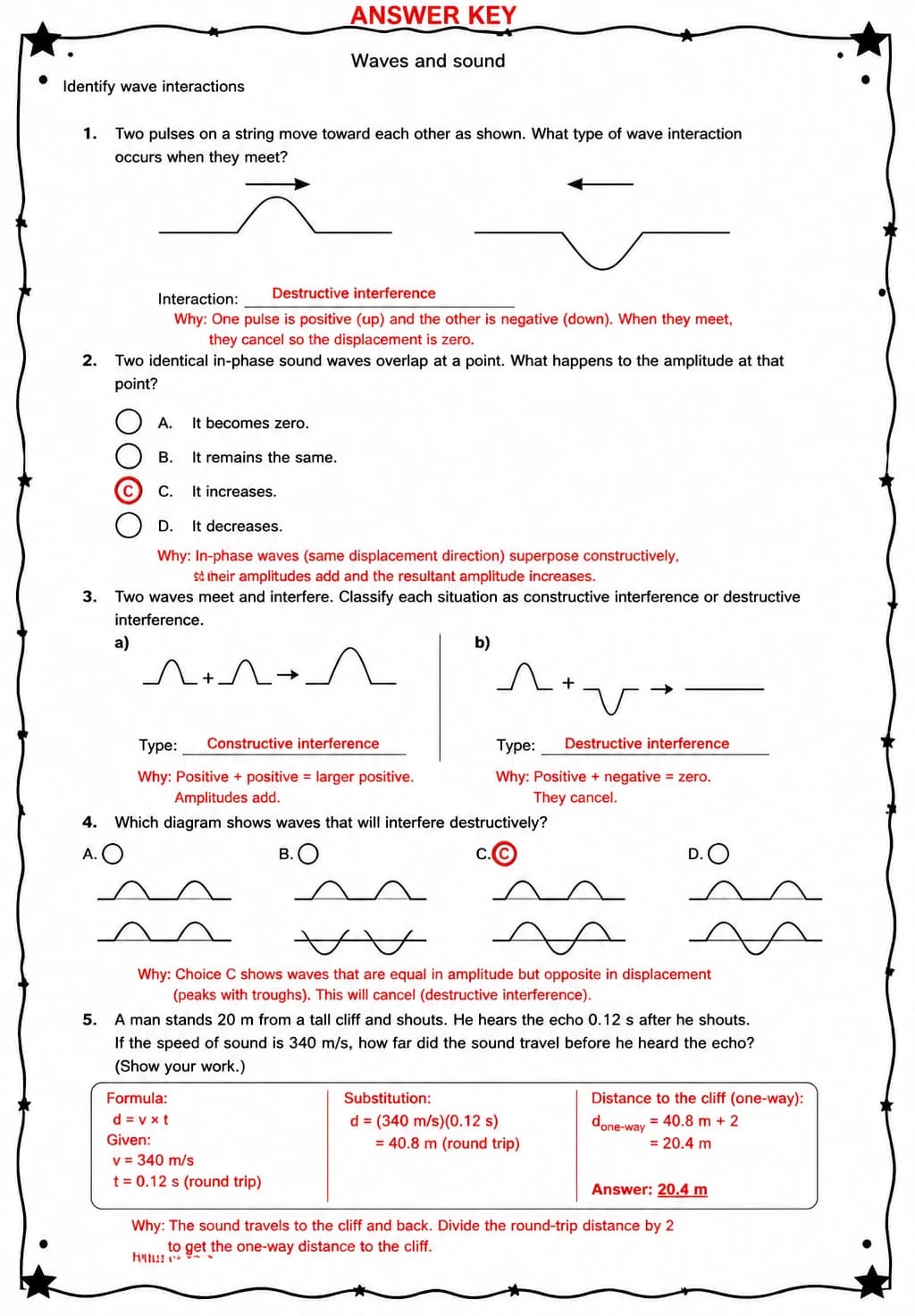 Answer key for Identify wave interactions — free printable Science worksheet