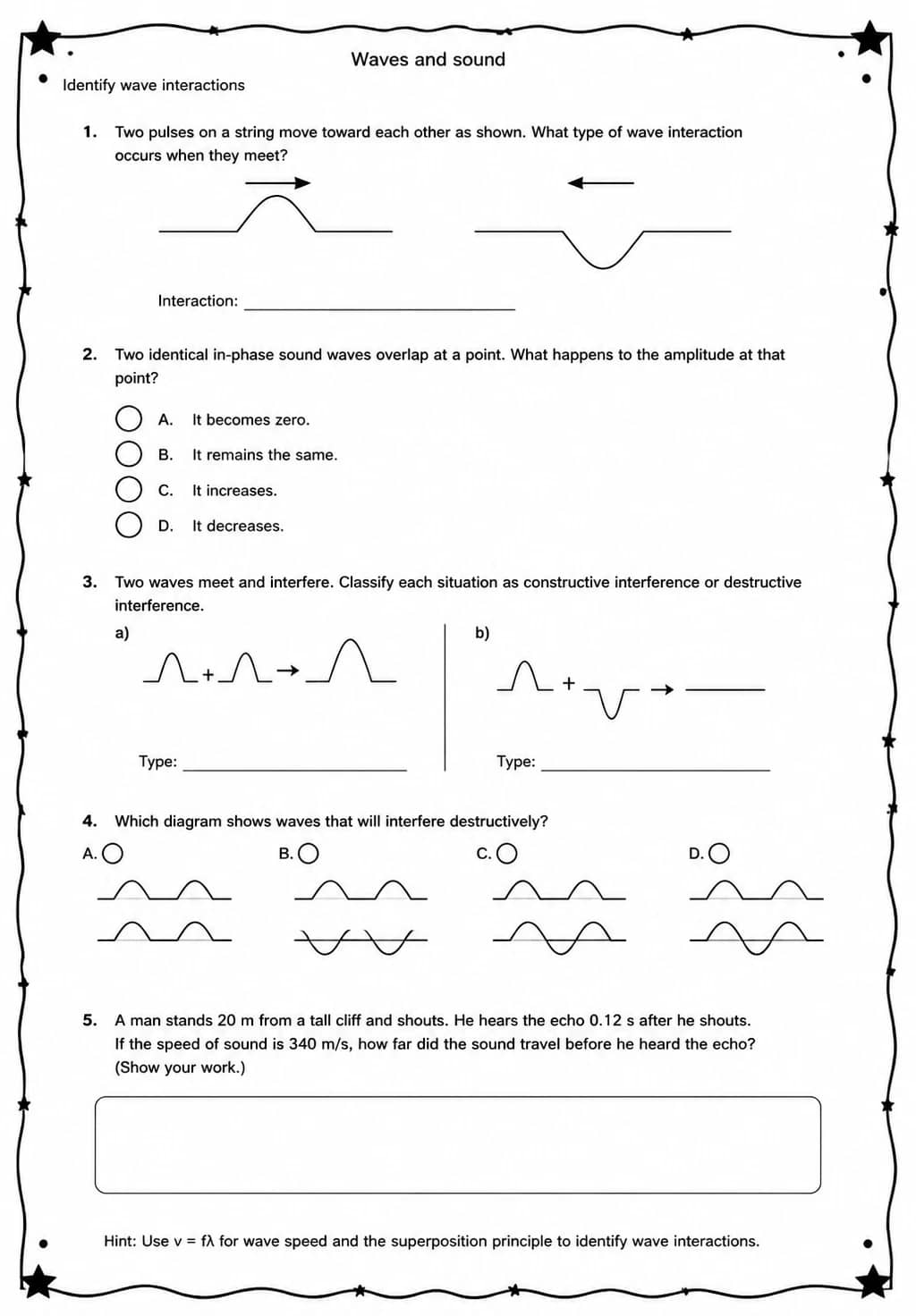 Identify wave interactions — free printable High School Science worksheet