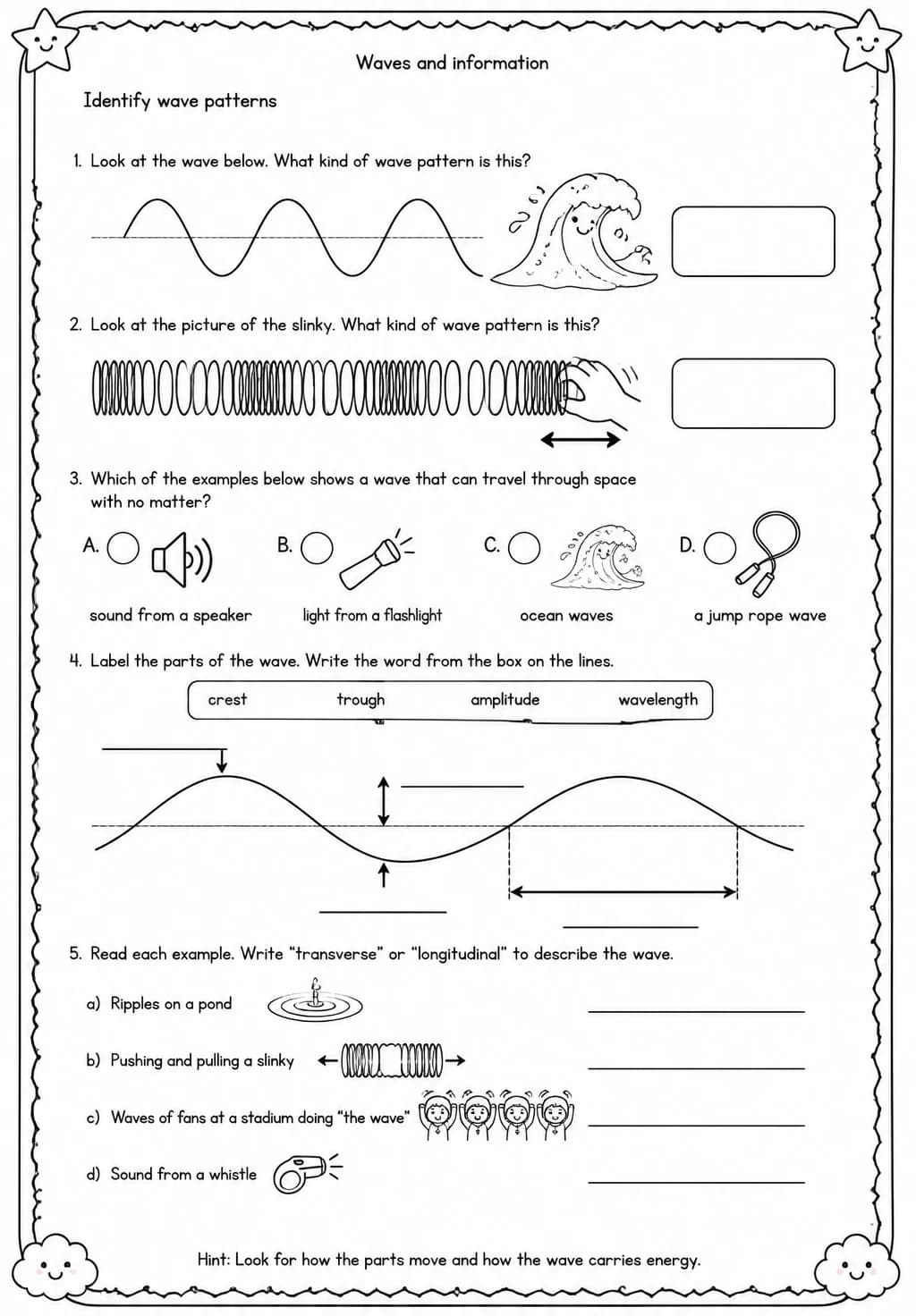 Identify wave patterns — free printable Grade 4 Science worksheet