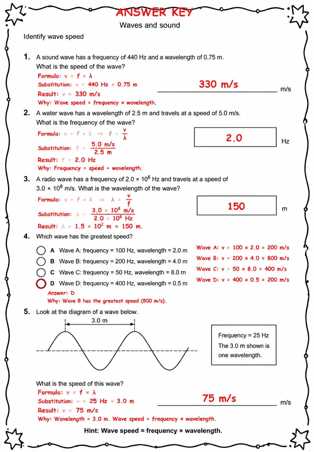 Answer key for Identify wave speed — free printable Science worksheet