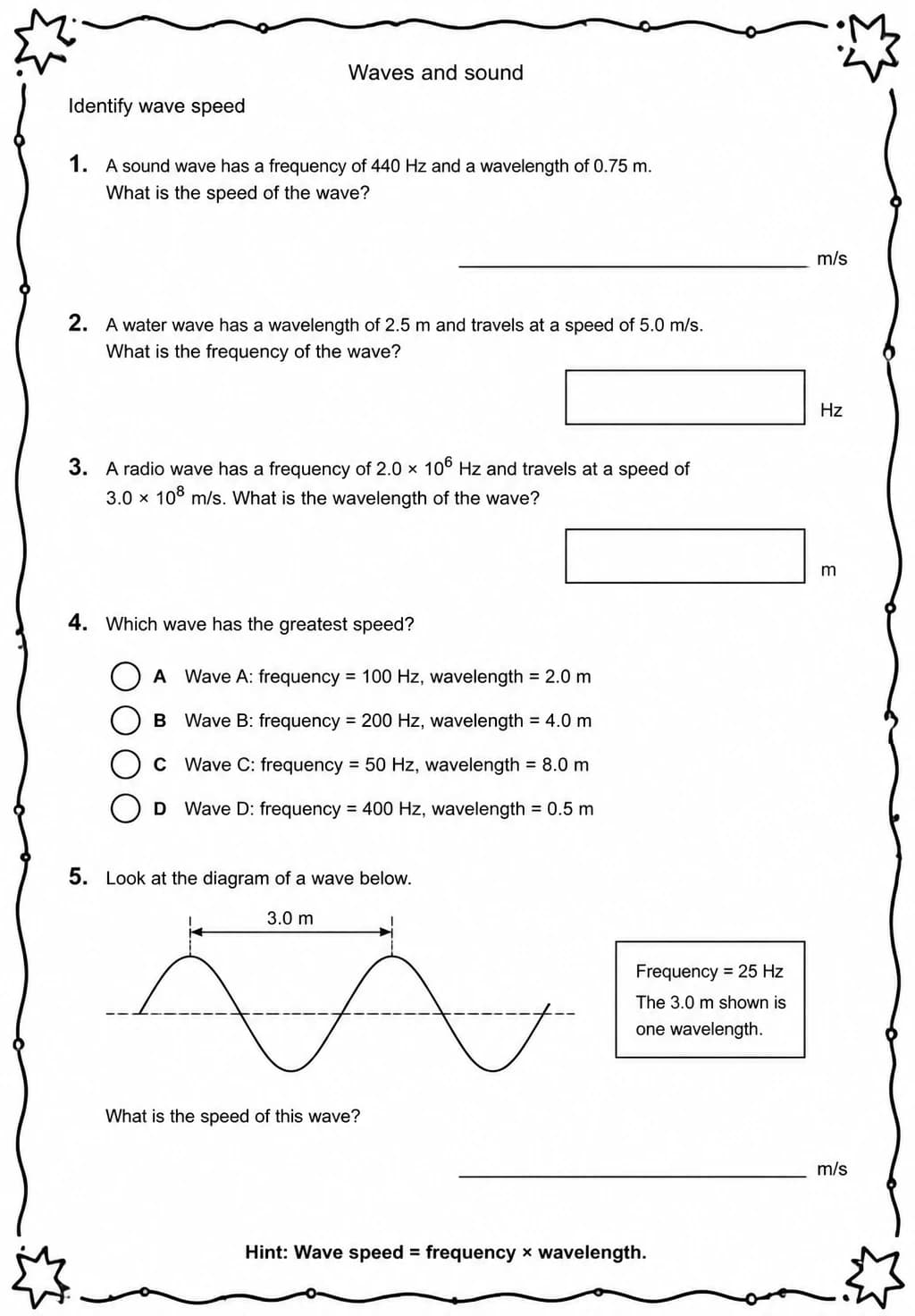Identify wave speed — free printable High School Science worksheet
