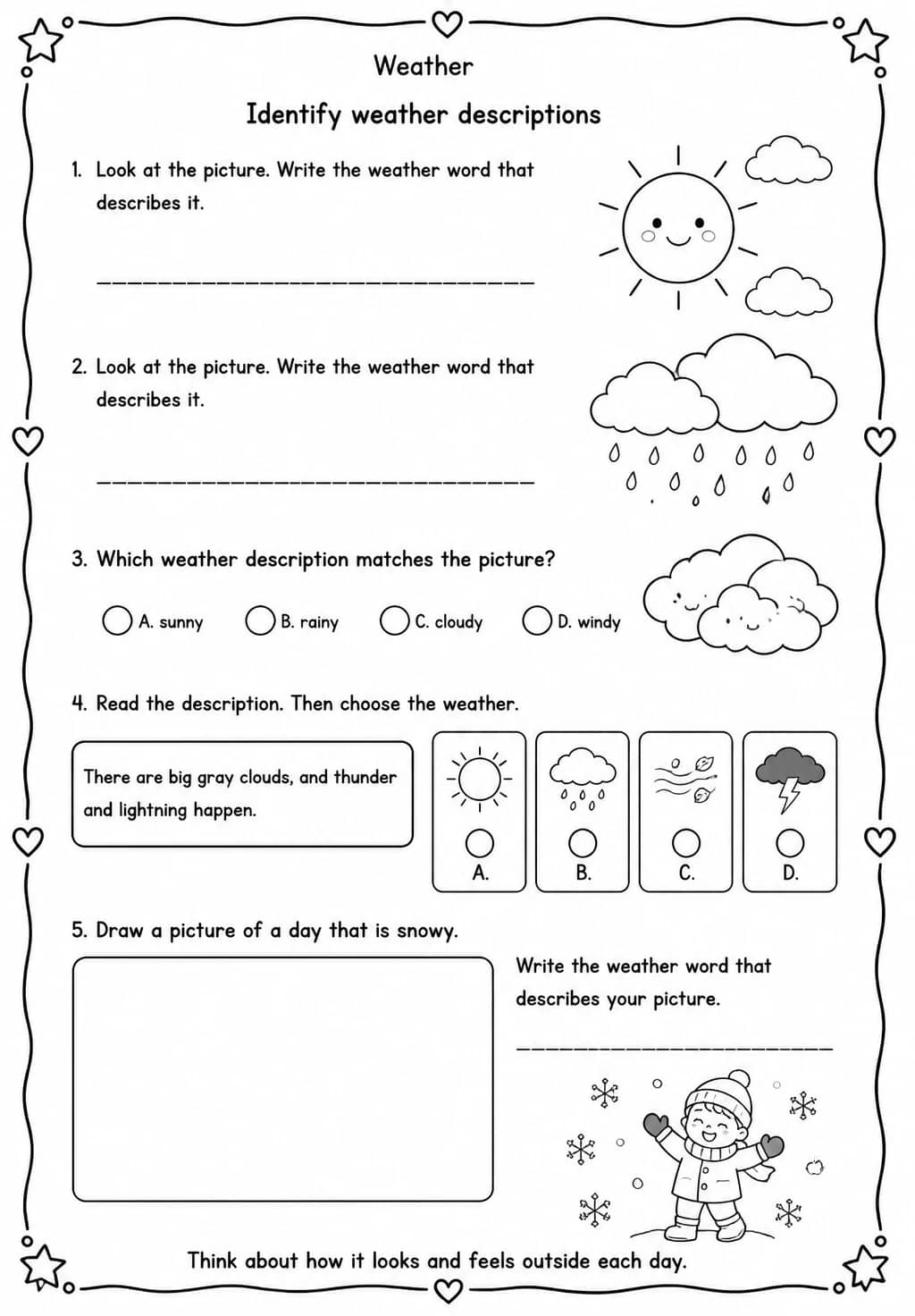 Identify weather descriptions — free printable Grade 1 Science worksheet