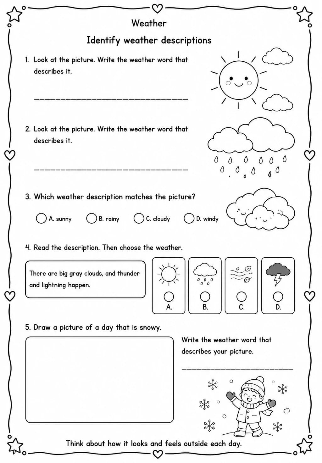 Identify weather descriptions — free printable Grade 1 Science worksheet