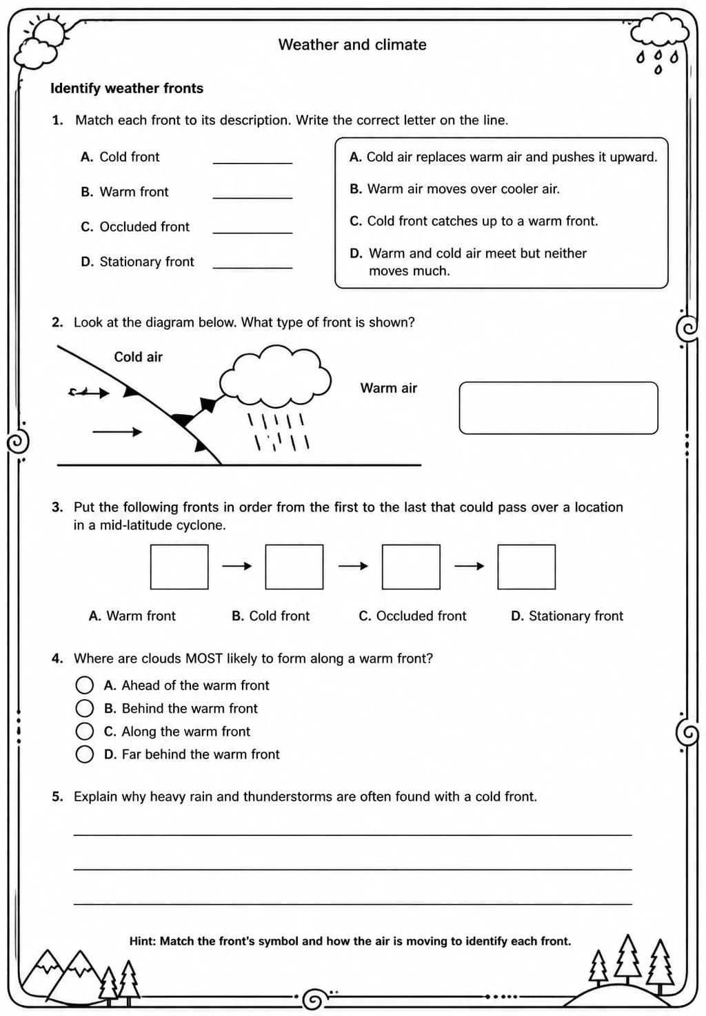 Identify weather fronts — free printable Middle School Science worksheet