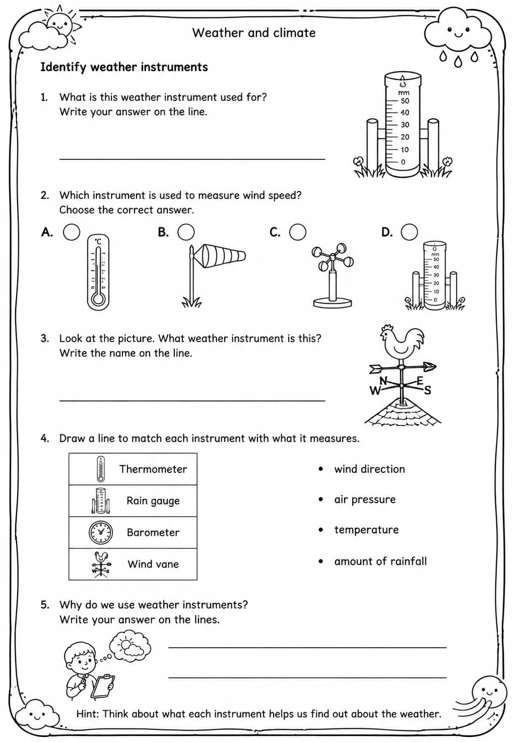 Identify weather instruments — free printable Grade 4 Science worksheet