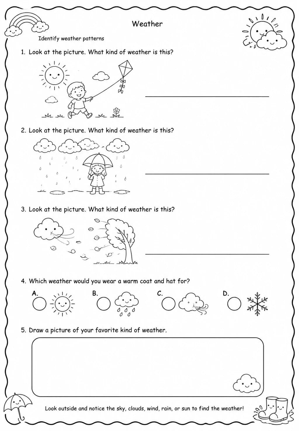 Identify weather patterns — free printable Grade 1 Science worksheet