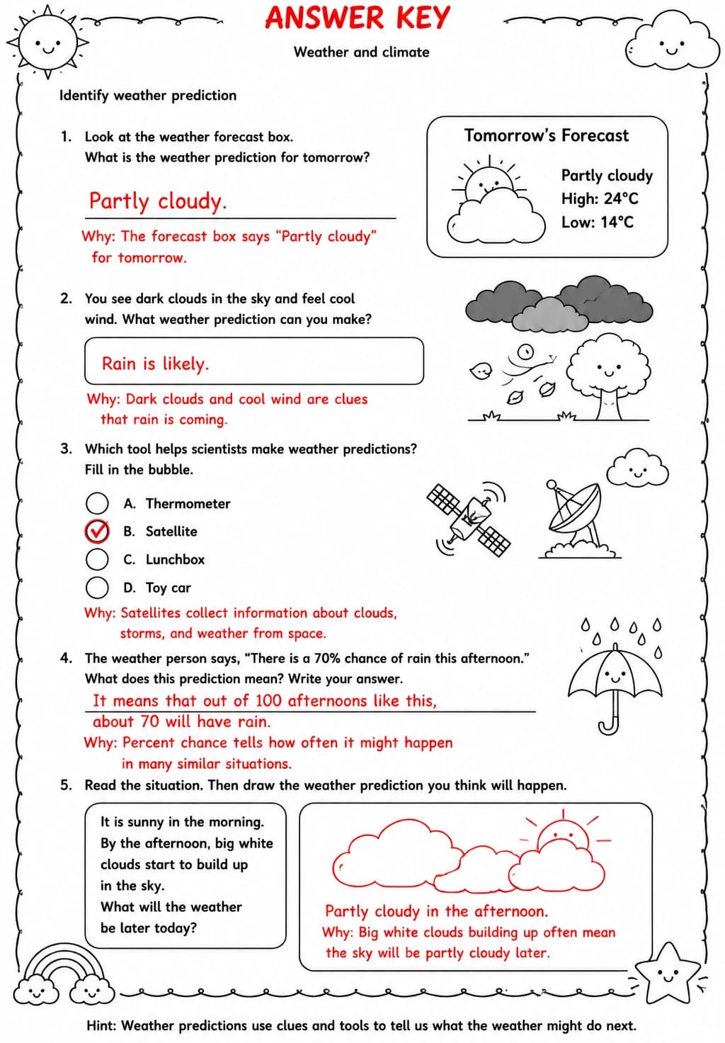 Answer key for Identify weather prediction — free printable Science worksheet