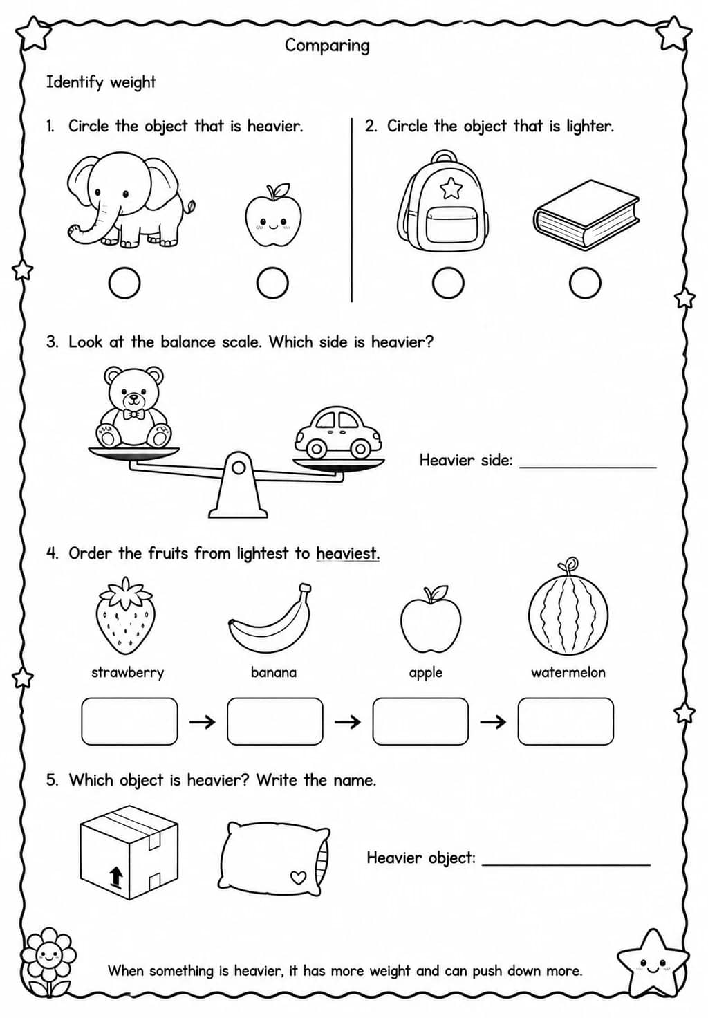 Identify weight — free printable Grade 1 Science worksheet