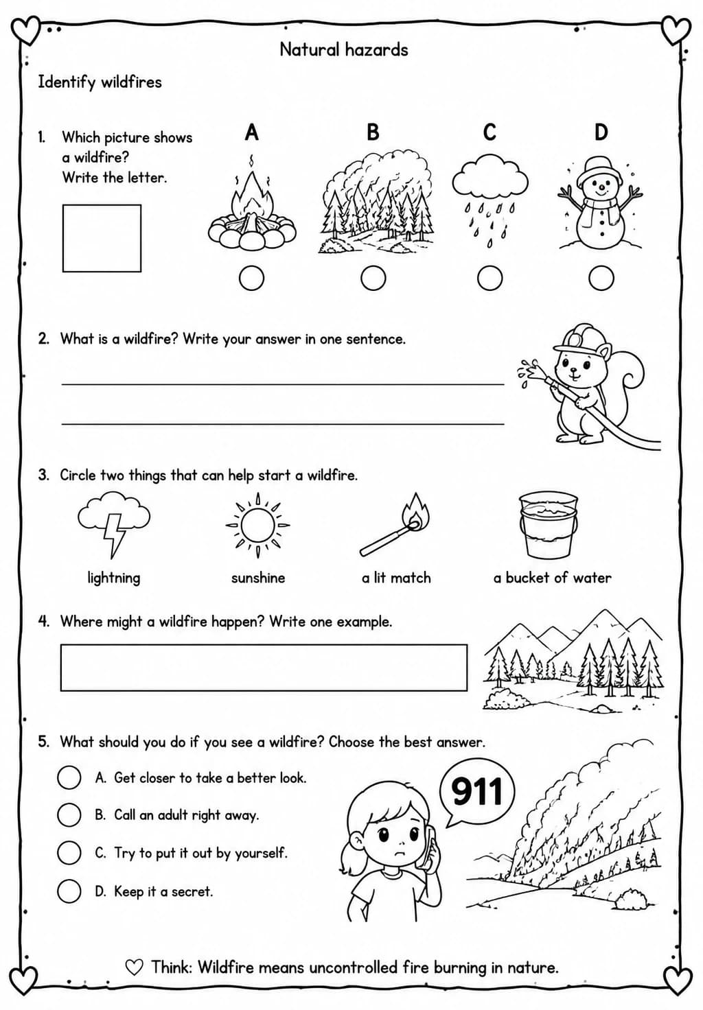 Identify wildfires — free printable Grade 3 Science worksheet