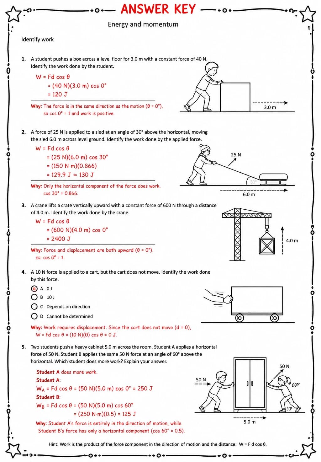 Answer key for Identify work — free printable Science worksheet