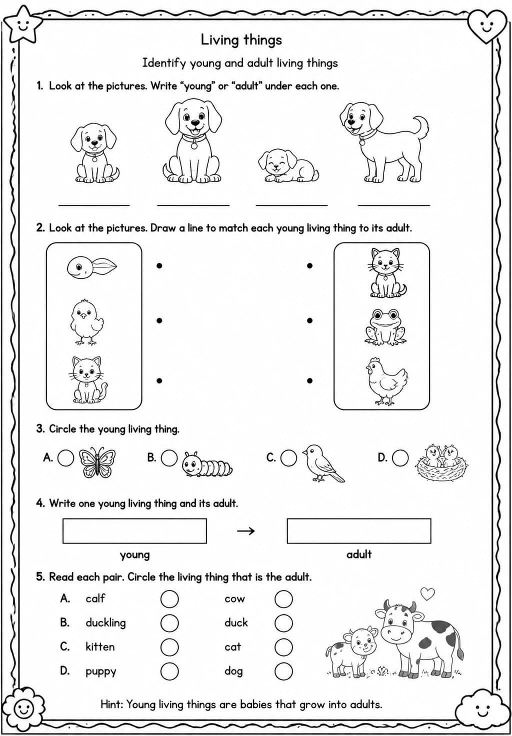 Identify young and adult living things — free printable Grade 1 Science worksheet