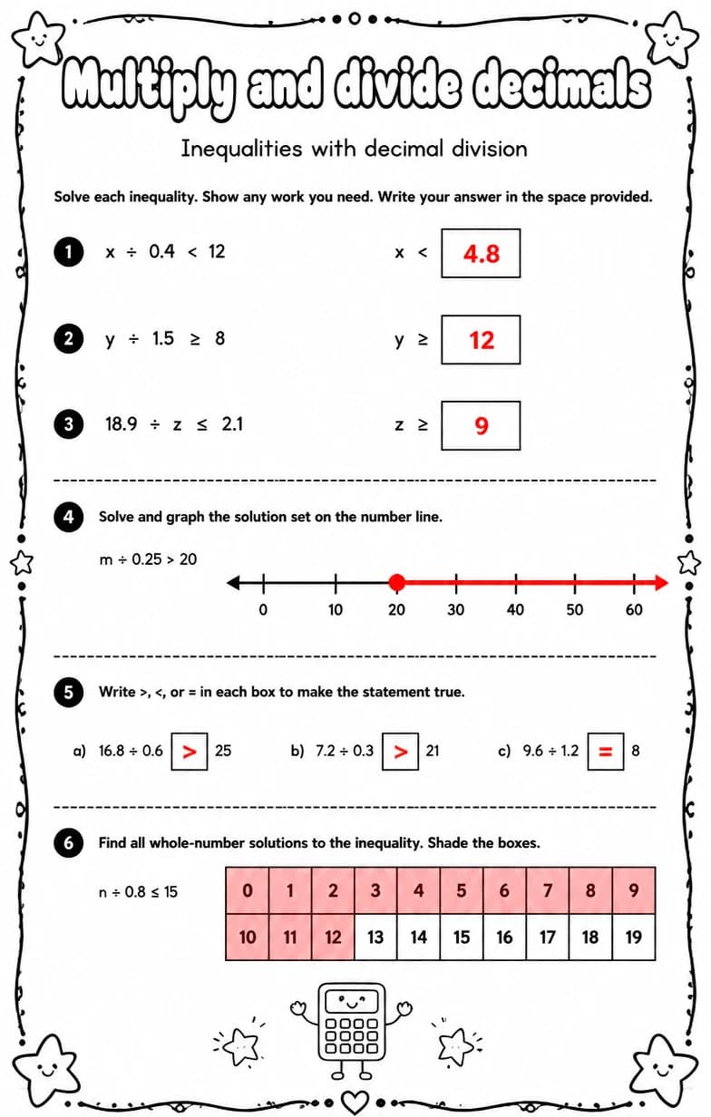 Answer key for Inequalities with decimal division — free printable Math worksheet