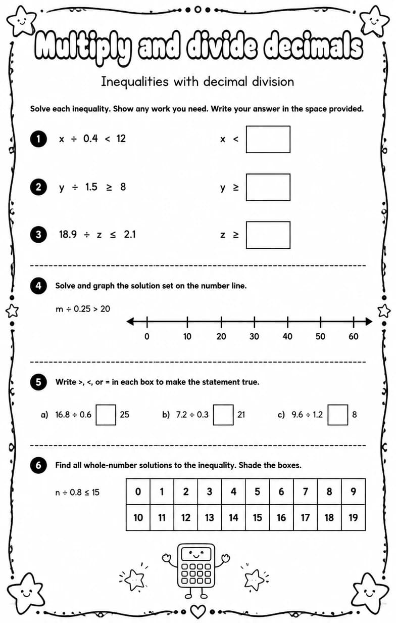 Inequalities with decimal division — free printable Grade 6 math worksheet