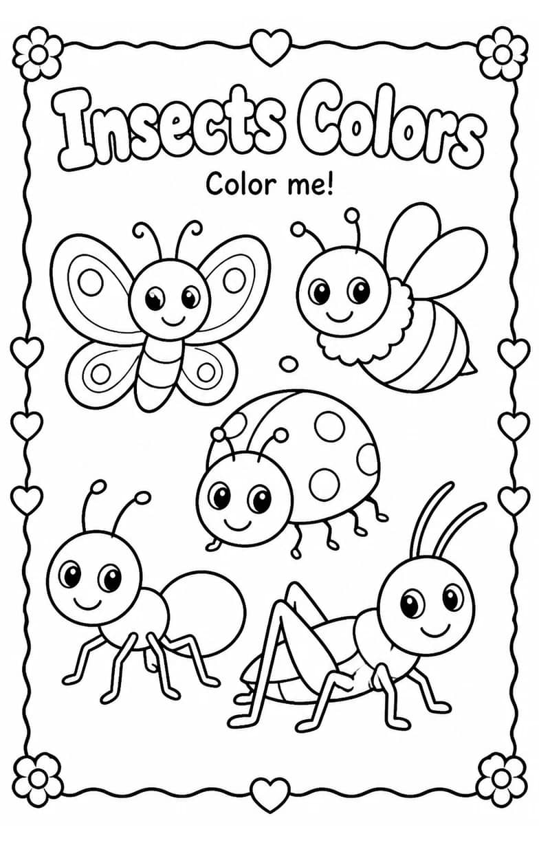 Insects Colors Coloring Page — free printable Pre-K Art worksheet