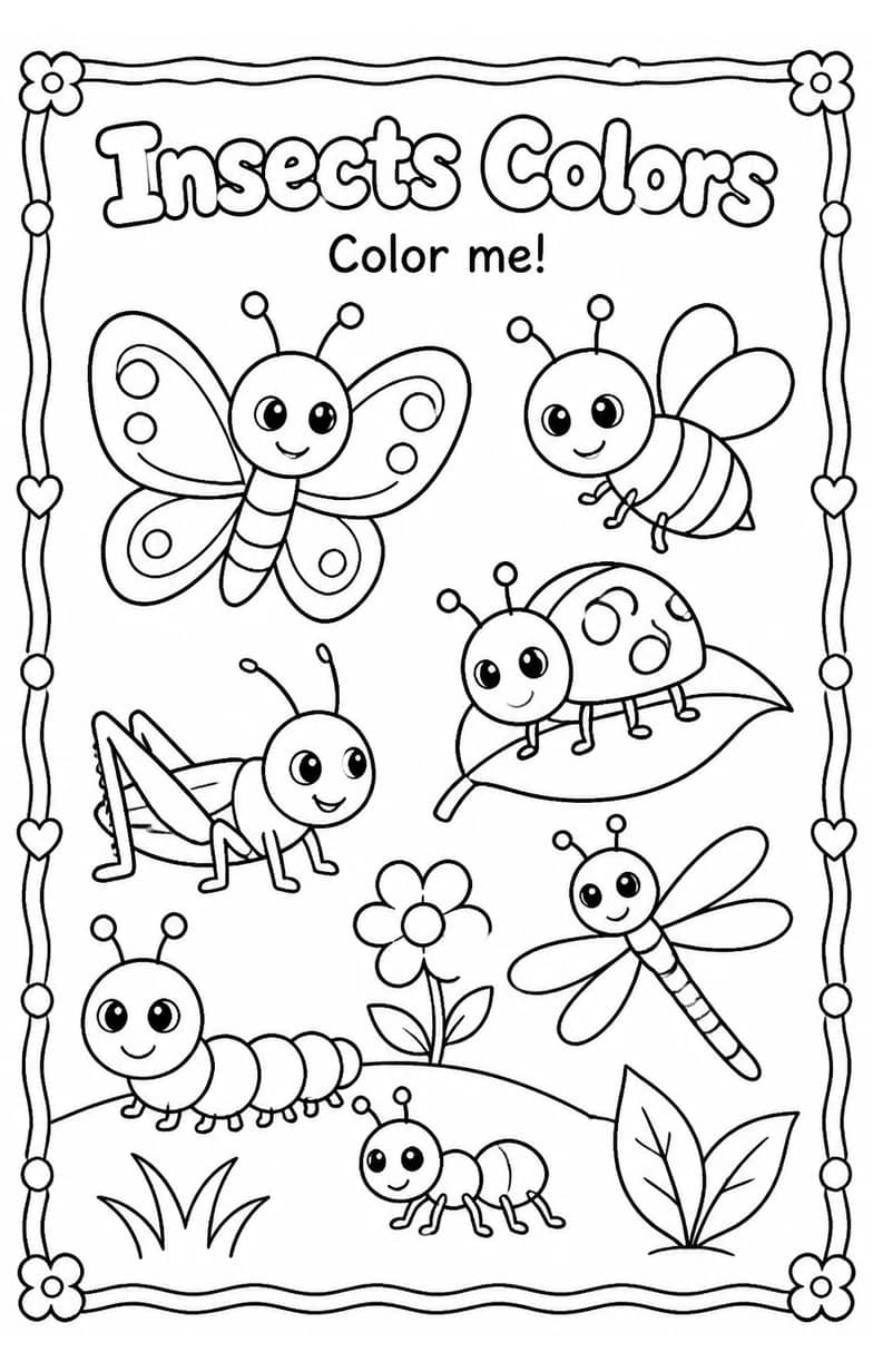 Insects Colors Coloring Page — free printable Preschool Art worksheet