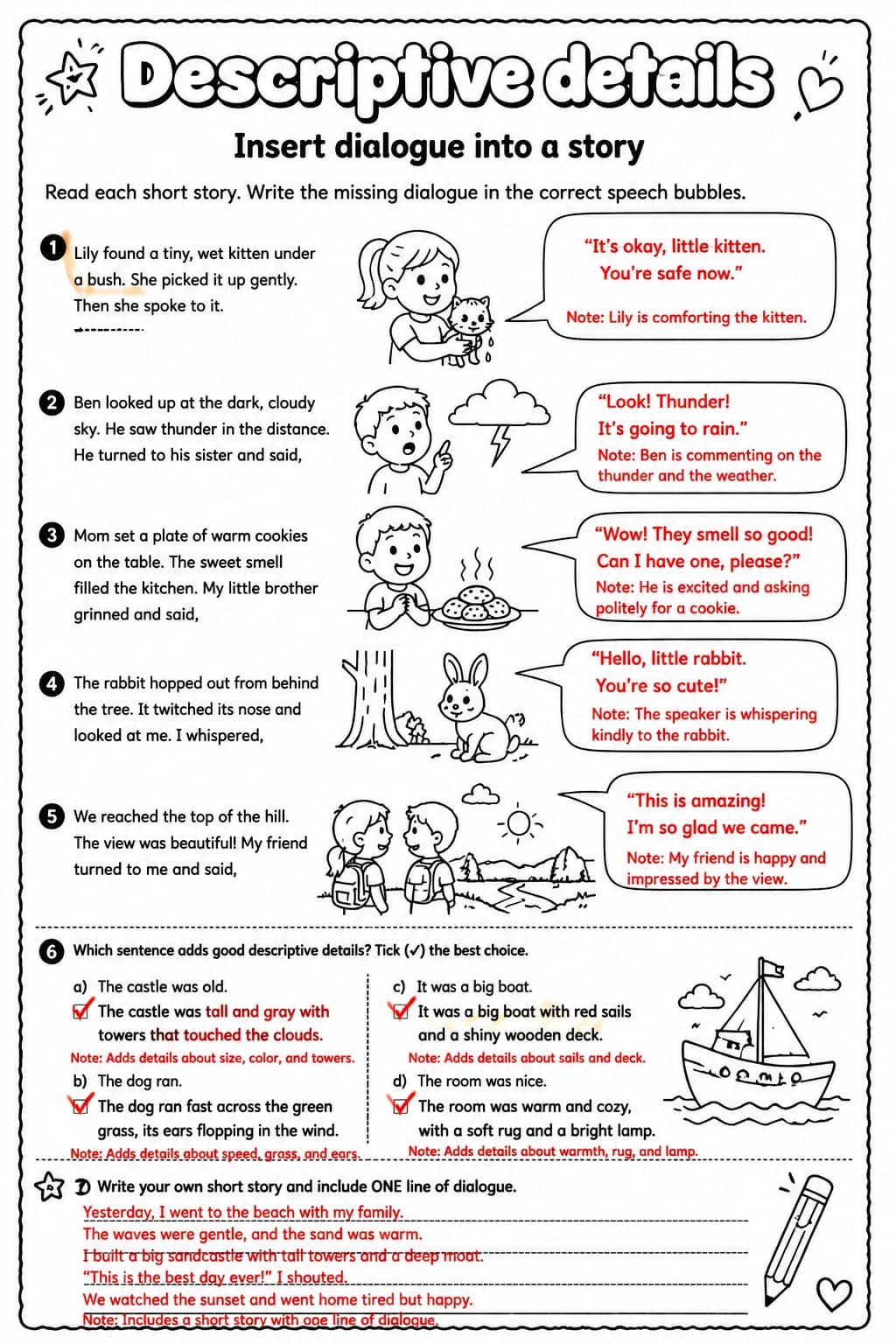Answer key for Insert dialogue into a story — free printable English & Reading worksheet