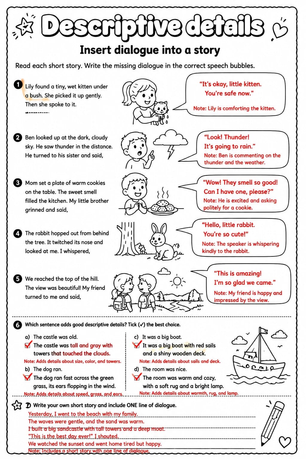 Answer key for Insert dialogue into a story — free printable English & Reading worksheet