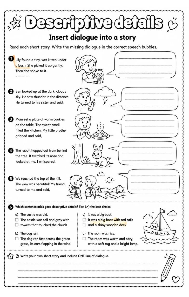 Insert dialogue into a story — free printable Writing strategies English worksheet