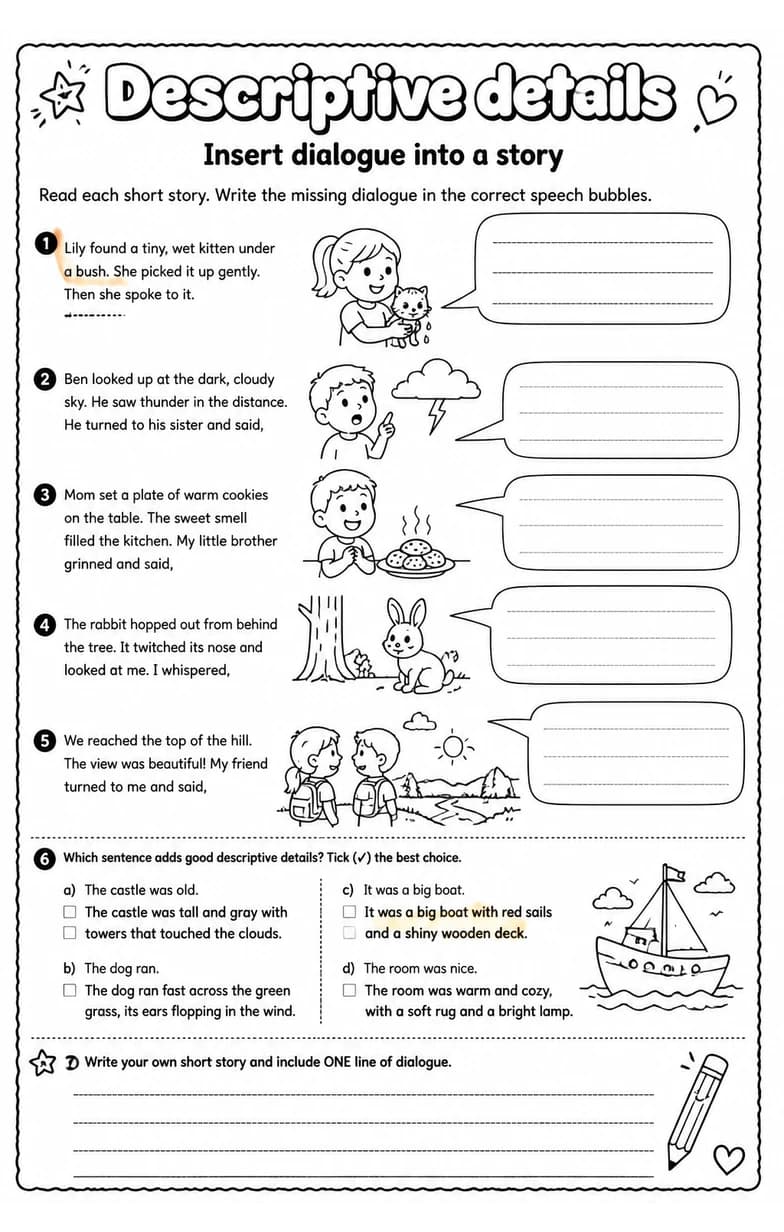 Insert dialogue into a story — free printable Writing strategies English worksheet