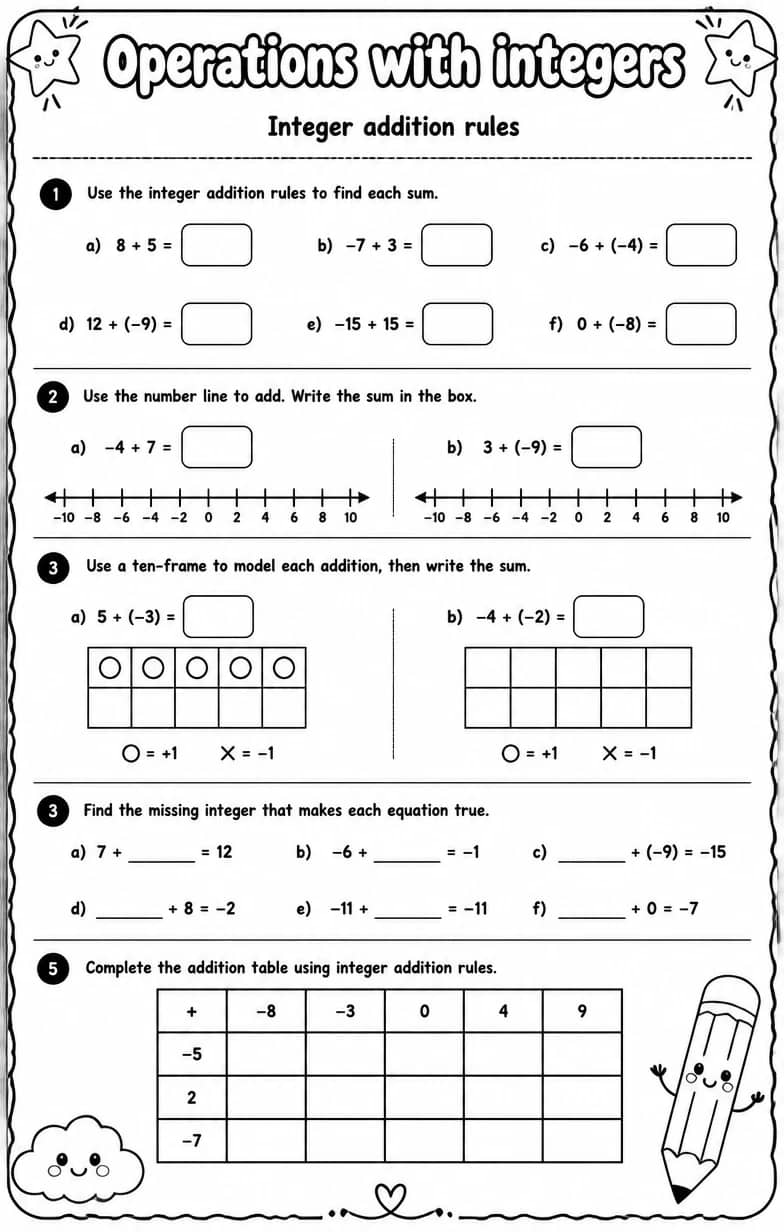 Integer addition rules — free printable Grade 7 math worksheet