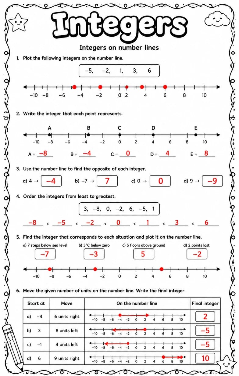 Answer key for Integers on number lines — free printable Math worksheet