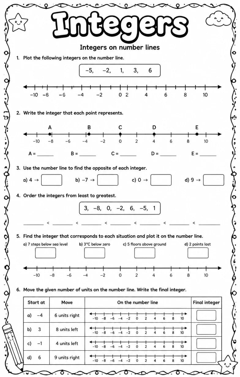 Integers on number lines — free printable Grade 6 math worksheet