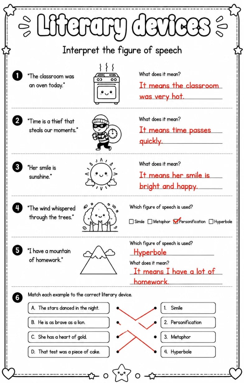 Answer key for Interpret the figure of speech — free printable English & Reading worksheet