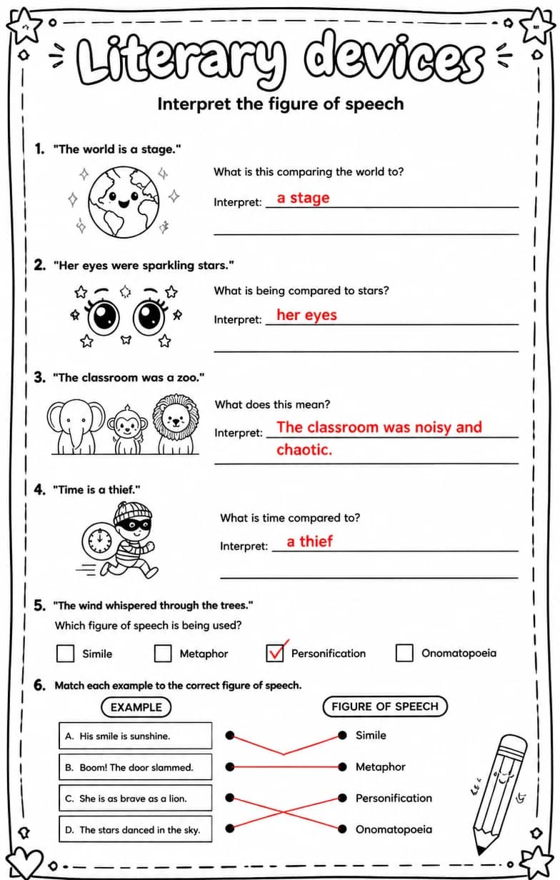 Answer key for Interpret the figure of speech — free printable English & Reading worksheet