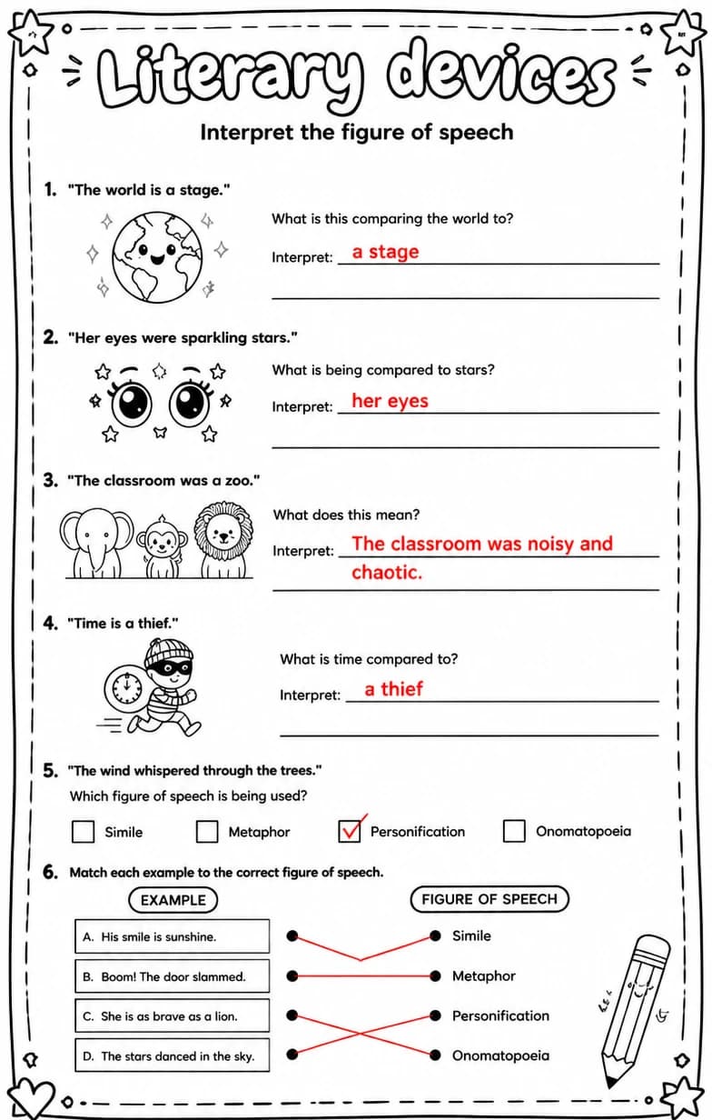 Answer key for Interpret the figure of speech — free printable English & Reading worksheet