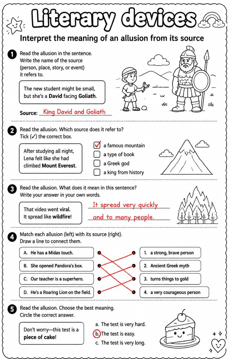 Answer key for Interpret the meaning of an allusion from its source — free printable English & Reading worksheet