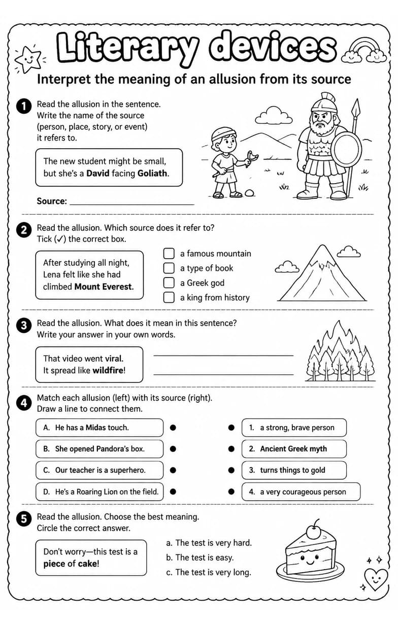 Interpret the meaning of an allusion from its source — free printable Grade 4 English & Reading worksheet