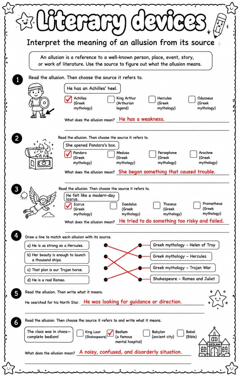 Answer key for Interpret the meaning of an allusion from its source — free printable English & Reading worksheet