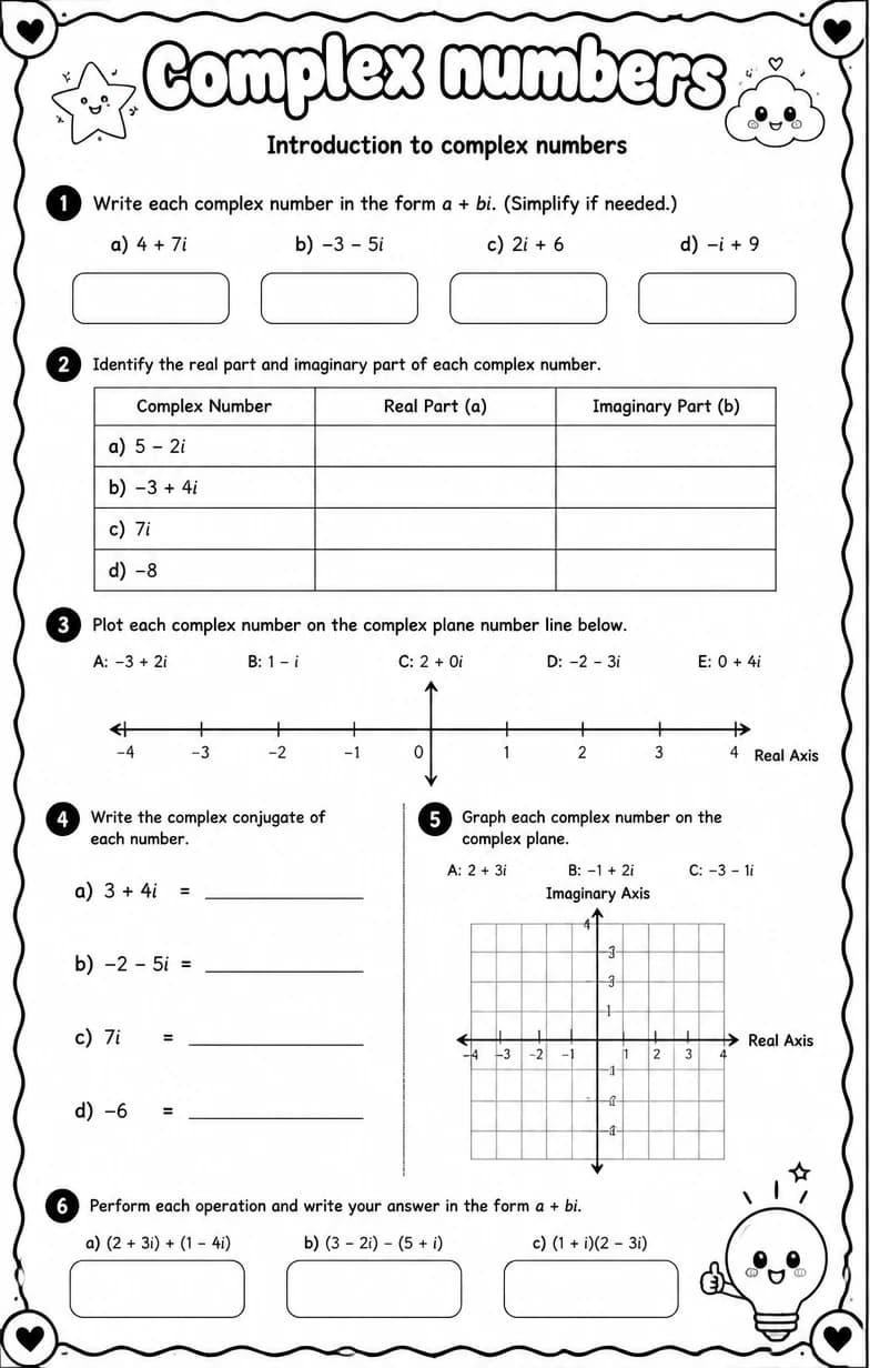 Introduction to complex numbers — free printable High School Math worksheet