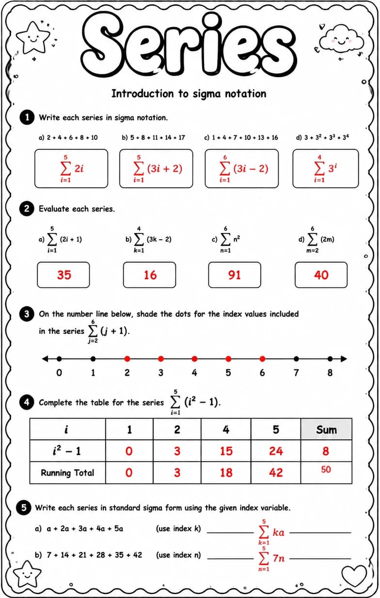Answer key for Introduction to sigma notation — free printable Math worksheet