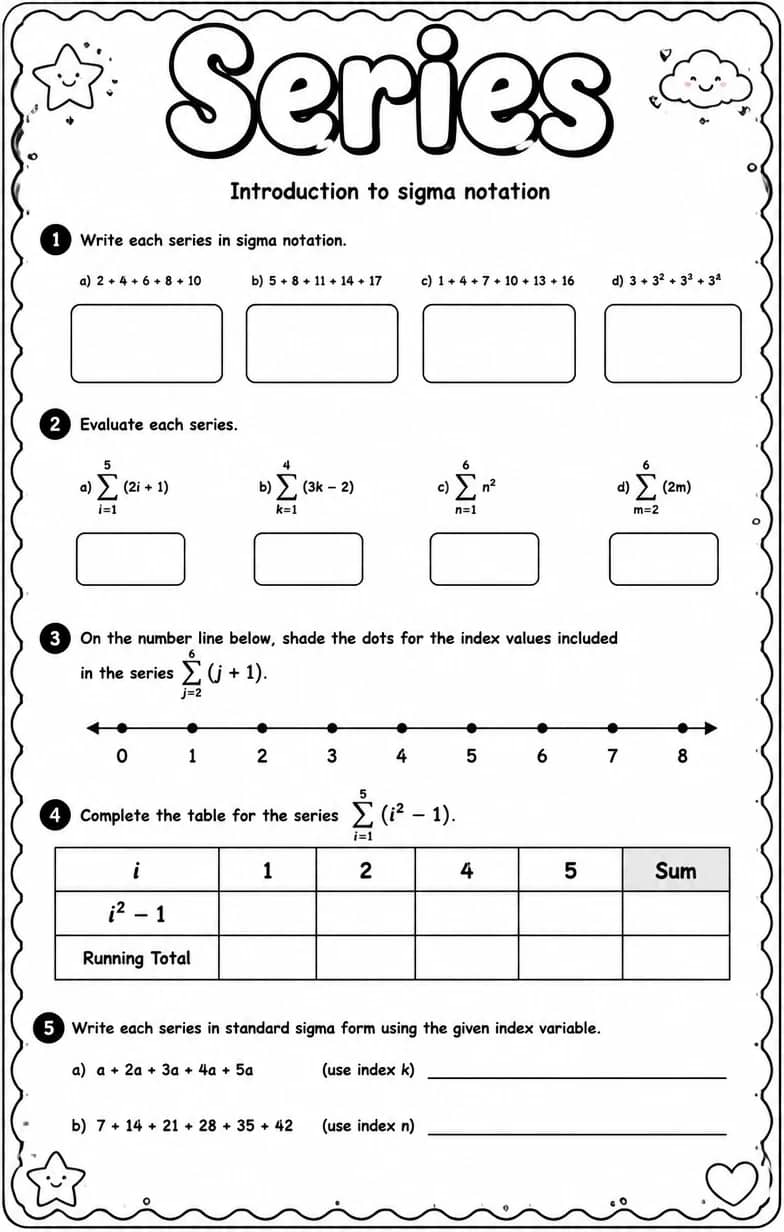 Introduction to sigma notation — free printable Algebra 2 math worksheet