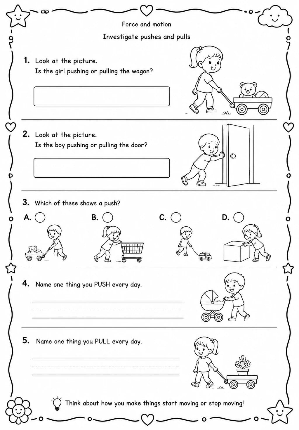Investigate pushes and pulls — free printable Kindergarten Science worksheet