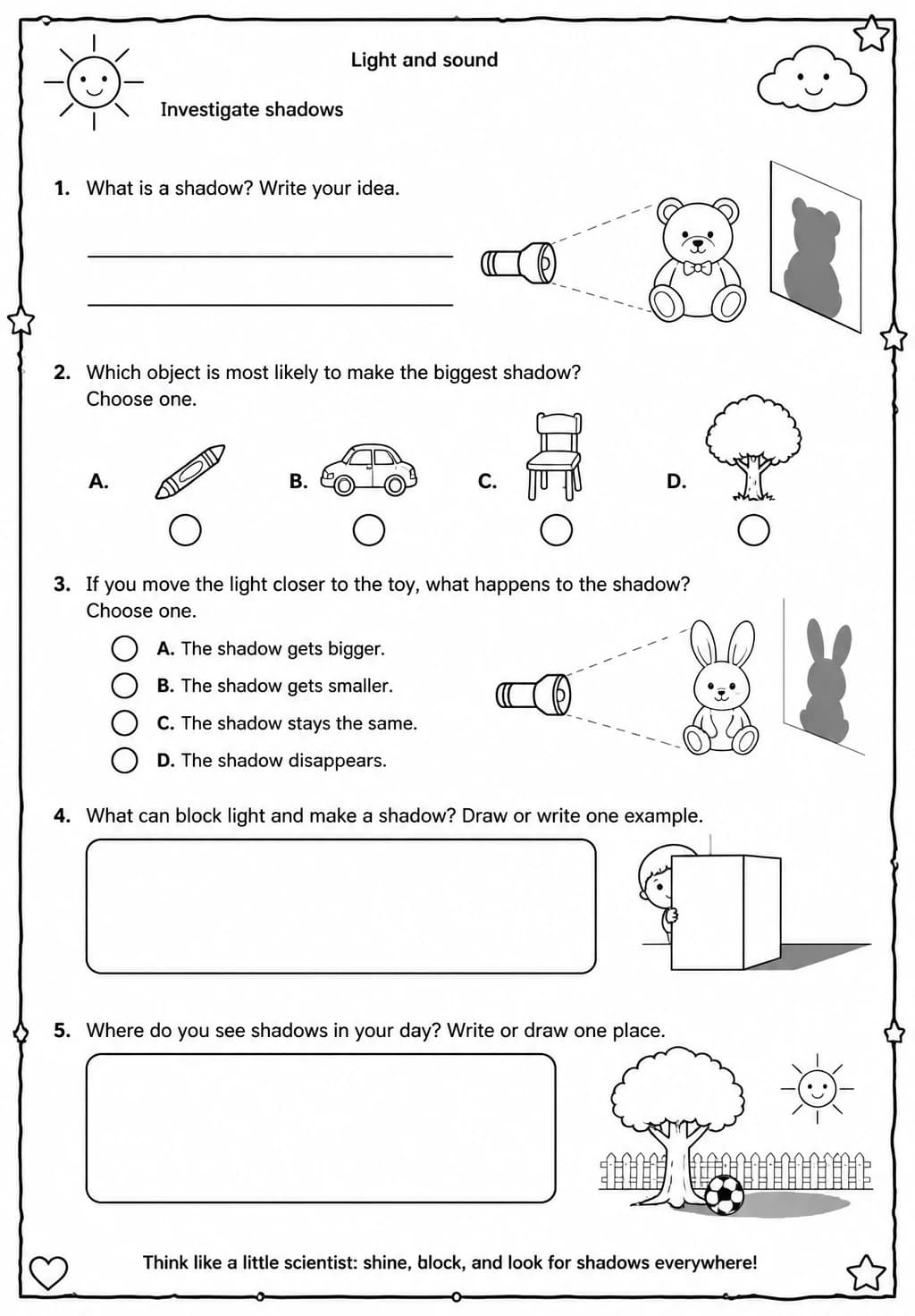 Investigate shadows — free printable Kindergarten Science worksheet