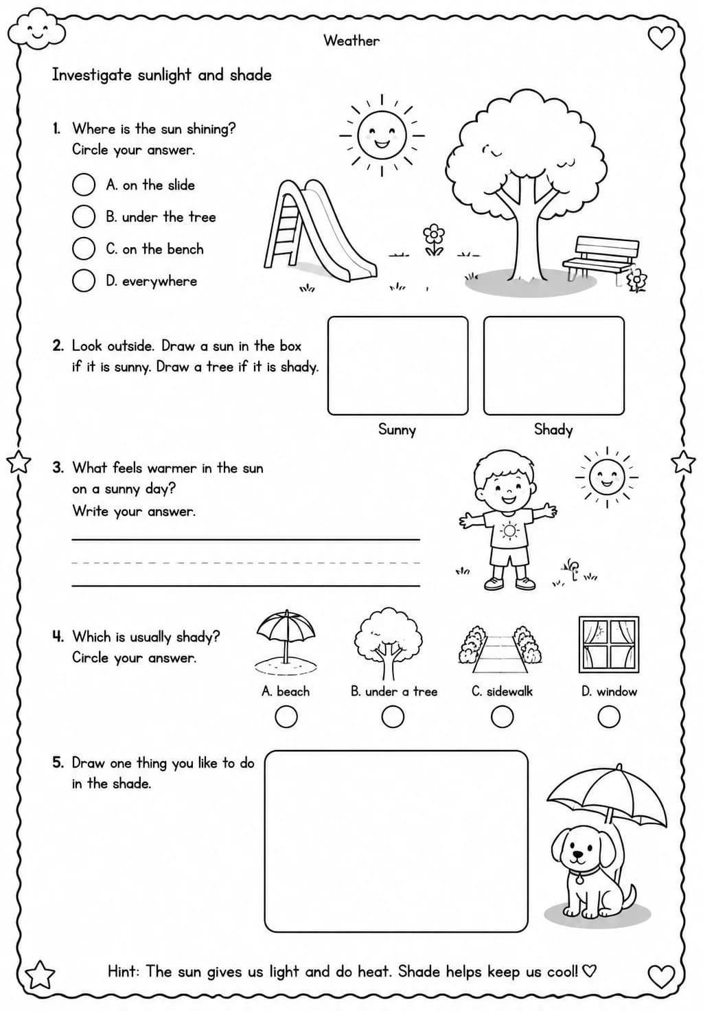 Investigate sunlight and shade — free printable Kindergarten Science worksheet