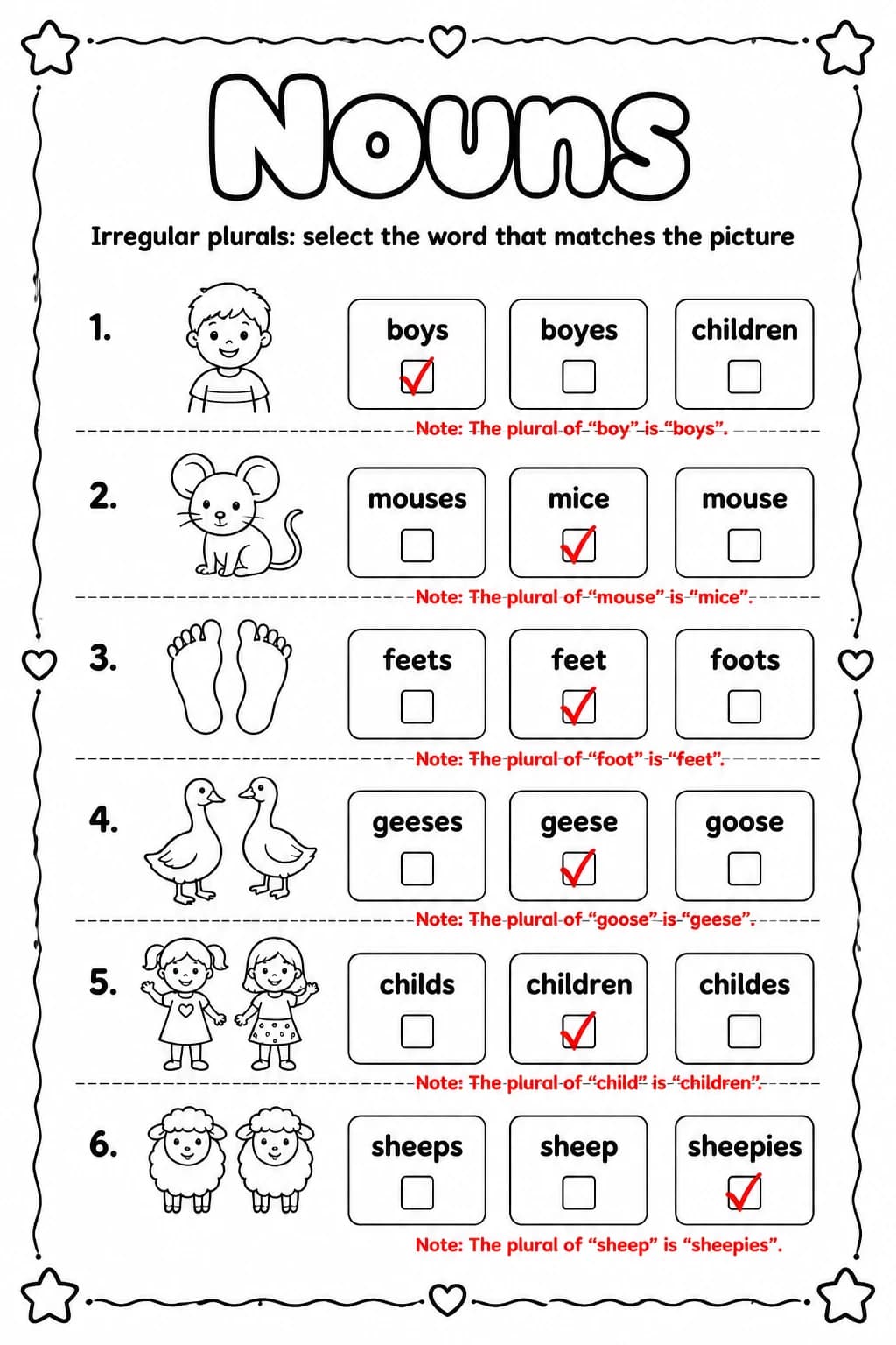 Answer key for Irregular plurals: select the word that matches the picture — free printable English & Reading worksheet