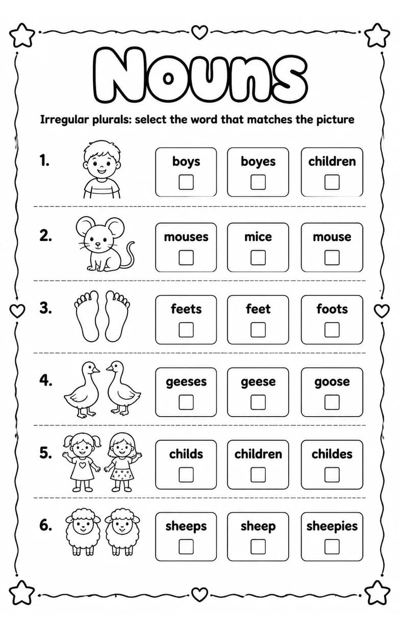Irregular plurals: select the word that matches the picture — free printable Grade 1 English & Reading worksheet