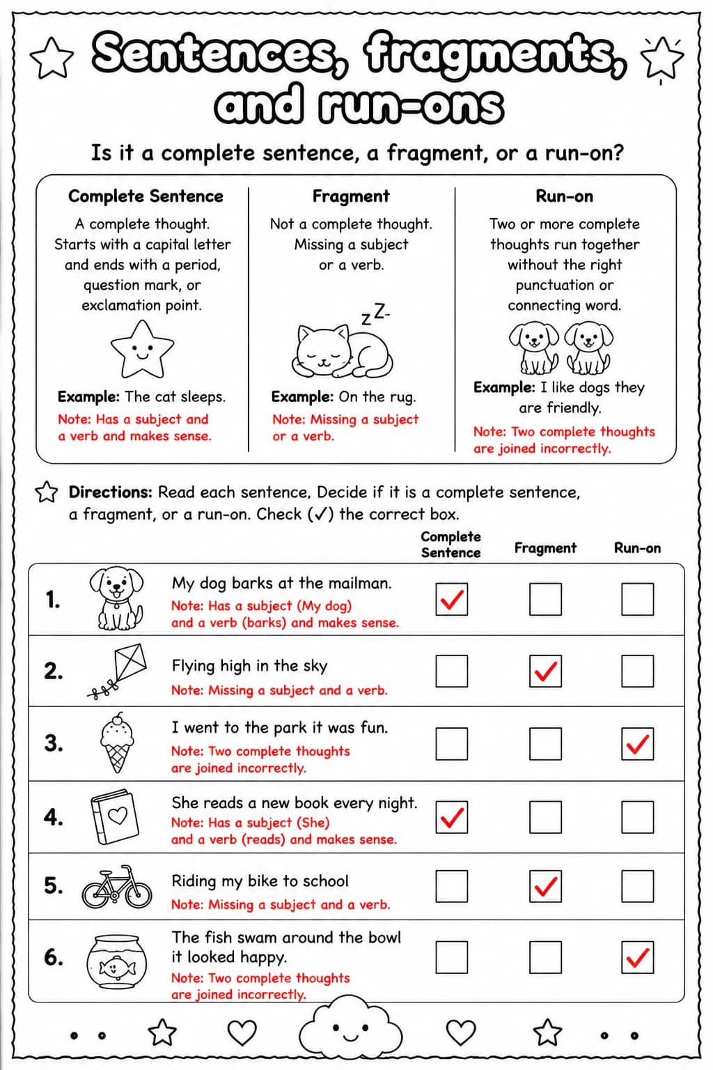 Answer key for Is it a complete sentence, a fragment, or a run-on? — free printable English & Reading worksheet
